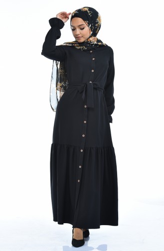 Boydan Düğmeli Büzgülü Elbise 5034-08 Siyah 5034-08