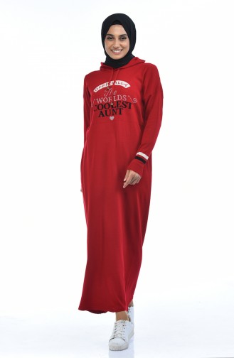 Triko Kapüşonlu Elbise 8030-10 Kırmızı