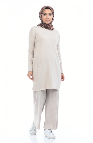 Ensemble Deux Pieces Tunique Pantalon Tricot 2216-04 Beige 2216-04