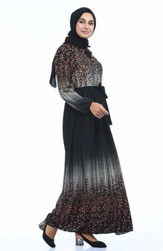فستان منقوش أسود وأخضر تبغ 0512-04
