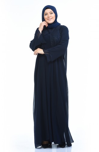 Grosse Grösse Stein bedrucktes Abendkleid 6256-03 Dunkelblau 6256-03