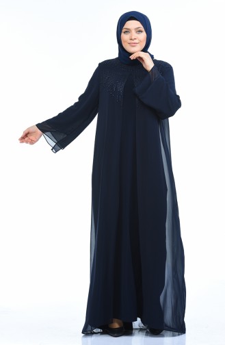 Grosse Grösse Stein bedrucktes Abendkleid 6256-03 Dunkelblau 6256-03