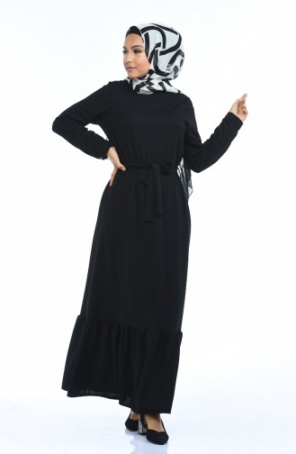 Büzgülü Kuşaklı Elbise 1013-01 Siyah