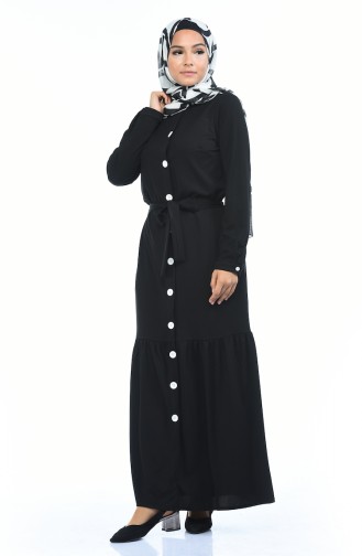Boydan Düğmeli Kuşaklı Elbise 1014-02 Siyah