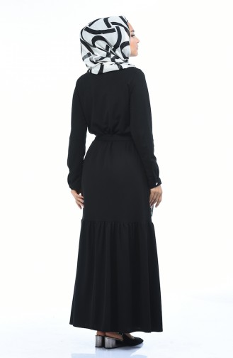 Boydan Düğmeli Kuşaklı Elbise 1014-02 Siyah