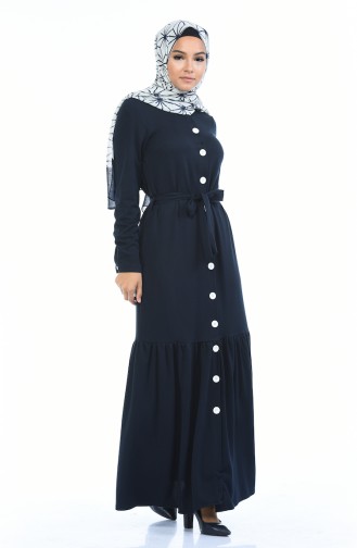 Boydan Düğmeli Kuşaklı Elbise 1014-03 Lacivert