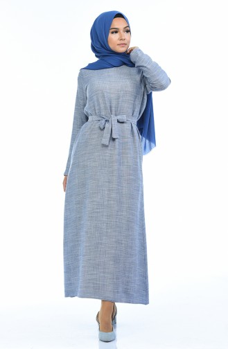 Kuşaklı Elbise 6015-03 Mavi