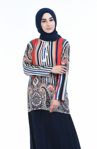 Blouse a Motifs 1009D-01 Brun Bleu 1009D-01