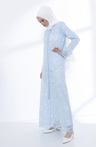 Abaya a Fermeture et Dentelle 9029-05 Bleu Bébé 9029-05