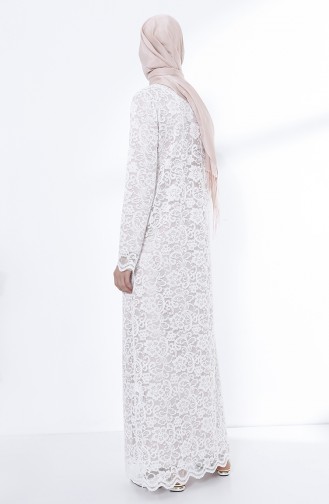 Abaya a Fermeture et Dentelle 9029-07 Blanc 9029-07