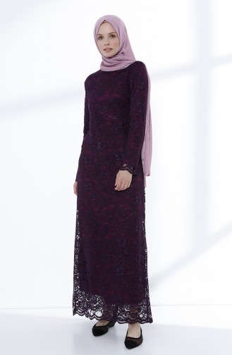Plum Hijab Evening Dress 9027-02