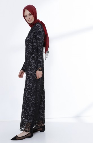 Black Hijab Evening Dress 9027A-01