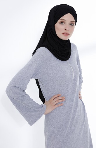 Fermuarlı Örme Elbise 5044-05 Gri