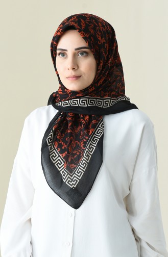 Desenli Pamuklu Eşarp 901527-02 Siyah Turuncu 901527-02