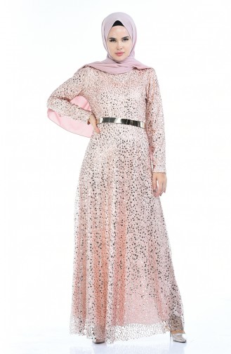 Powder Hijab Evening Dress 3805-02