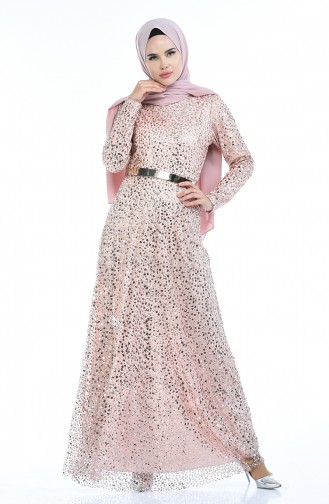 Powder Hijab Evening Dress 3805-02