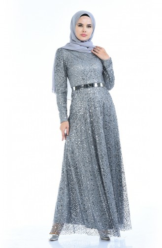 Gray Hijab Evening Dress 3805-04