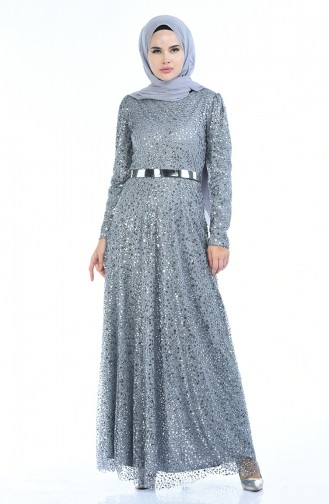 Gray Hijab Evening Dress 3805-04