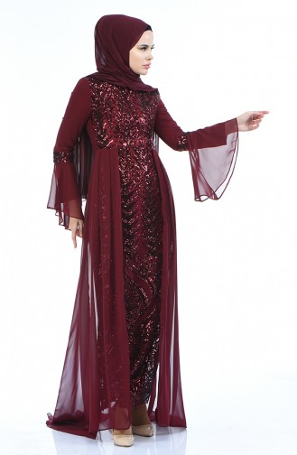 Claret Red Hijab Evening Dress 8014-01