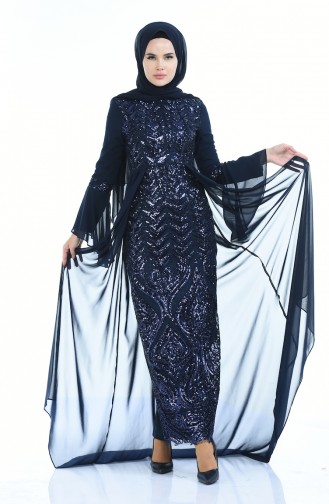 Navy Blue Hijab Evening Dress 8014-03