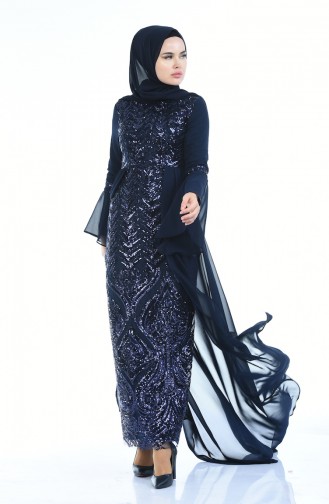 Navy Blue Hijab Evening Dress 8014-03