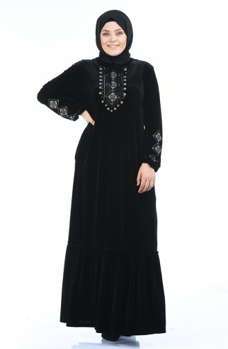 Grosse Grösse Besticktes Samtkleid 7968-06 Schwarz 7968-06