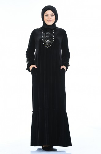 Grosse Grösse Besticktes Samtkleid 7968-06 Schwarz 7968-06