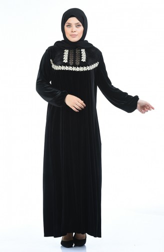 Büyük Beden Dantelli Kadife Elbise 7970-05 Siyah