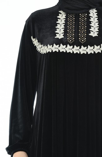Büyük Beden Dantelli Kadife Elbise 7970-05 Siyah