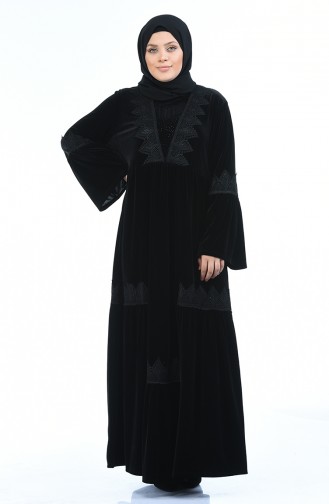 Büyük Beden Dantelli Kadife Elbise 7986-01 Siyah