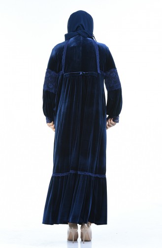 Büyük Beden Taş Baskılı Kadife Elbise 7988-05 Lacivert