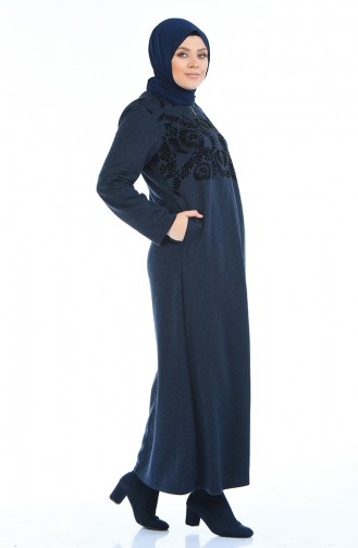 Abaya Imprimé de Pierre Grande Taille 7999-04 Bleu Marine 7999-04