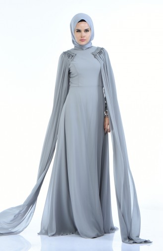 Gray Hijab Evening Dress 3004-01