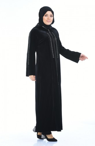 Büyük Beden Taş Baskılı Kadife Elbise 7636-01 Siyah