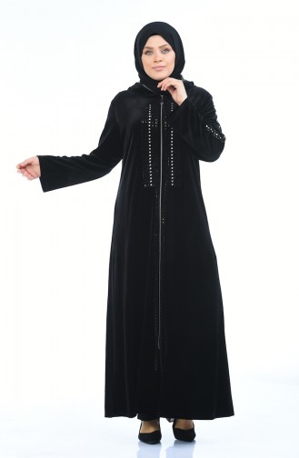 Büyük Beden Taş Baskılı Kadife Elbise 7636-01 Siyah