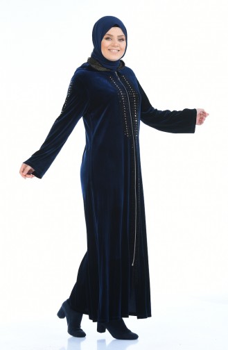 Grosse Grösse Bedrucktes Samtkleid 7636-02 Dunkelblau 7636-02