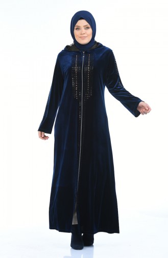 Grosse Grösse Bedrucktes Samtkleid 7636-02 Dunkelblau 7636-02