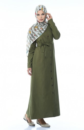 Boydan Düğmeli Yazlık Elbise 6010A-03 Haki Yeşil 6010A-03