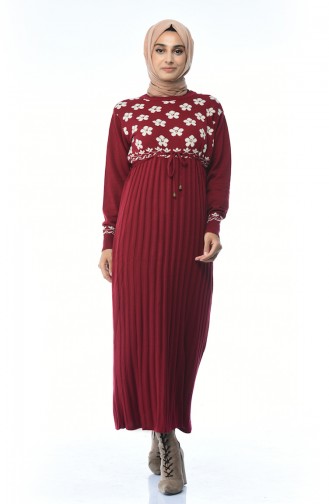 Triko Pileli Elbise 8016-03 Bordo