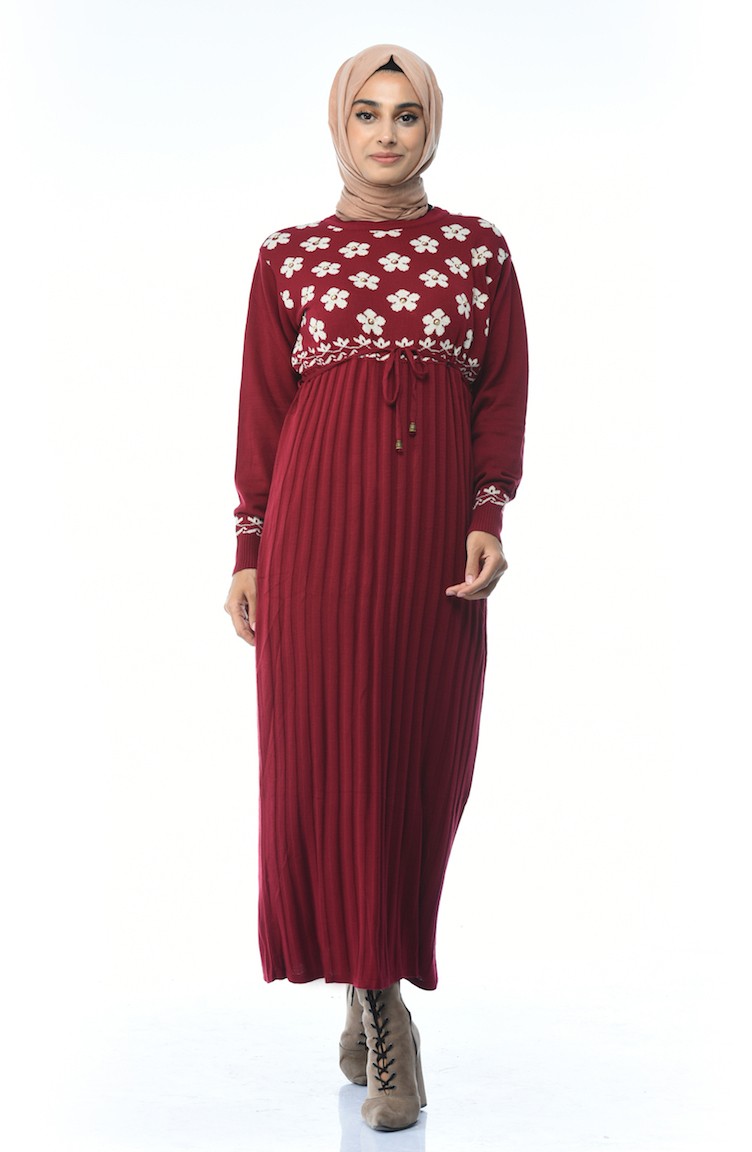 Triko Pileli Elbise 8016-03 Bordo