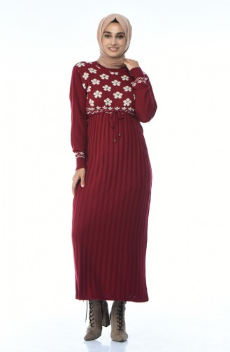 Triko Pileli Elbise 8016-03 Bordo
