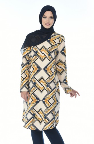 Tunique a Motifs 1081-01 Beige Bleu Marine 1081-01