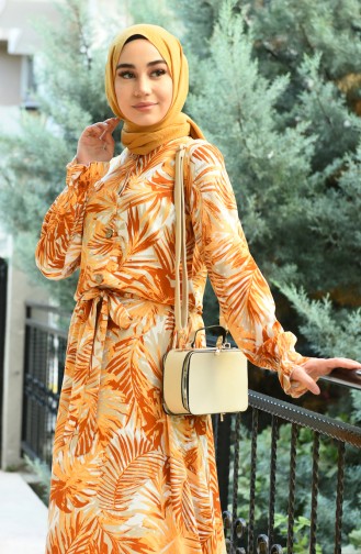Palmiye Desenli Kuşaklı Elbise 8003-03 Hardal