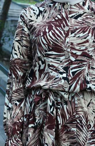 Palmiye Desenli Kuşaklı Elbise 8003-02 Kahverengi