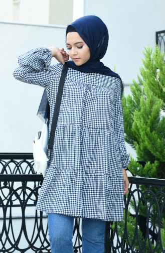 Crimped Fabric Plaid Tunic Navy Blue 8007-03