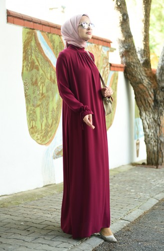 Sleeved Pleated Dress Claret Red 8013-05