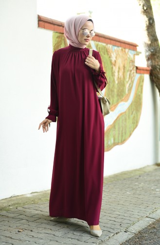 Sleeved Pleated Dress Claret Red 8013-05