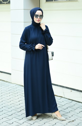 Sleeved Pleated Dress Navy Blue 8013-01