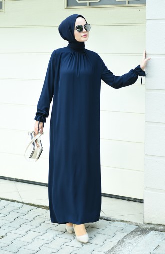 Sleeved Pleated Dress Navy Blue 8013-01