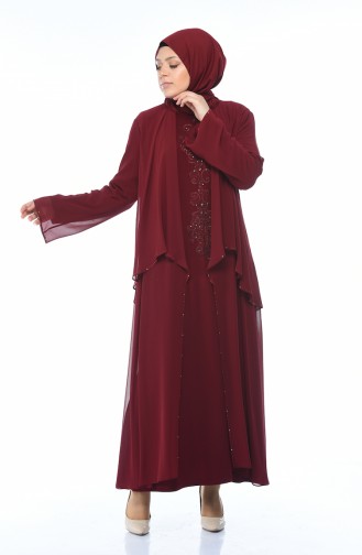 Claret Red Hijab Evening Dress 0108-02